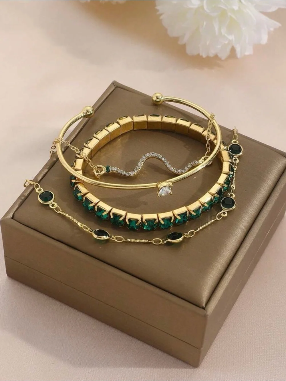 4Pcs Gold Green Crystal Snake Bracelet Set Womens Emerald Rhinestone